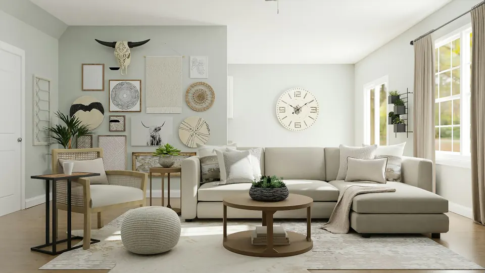 Pale upholstery and woven objects in a light-filled sitting room