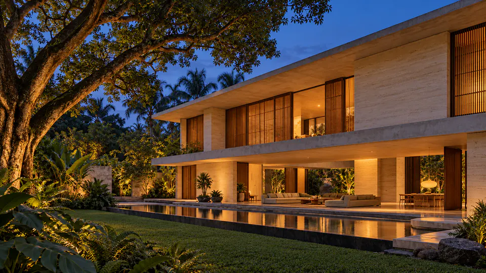 The Courtyard House at blue hour, with warm interior light reflected in the pool