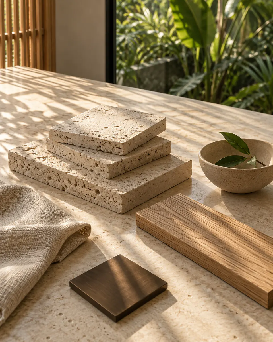 Linen, travertine and oak samples arranged in warm light