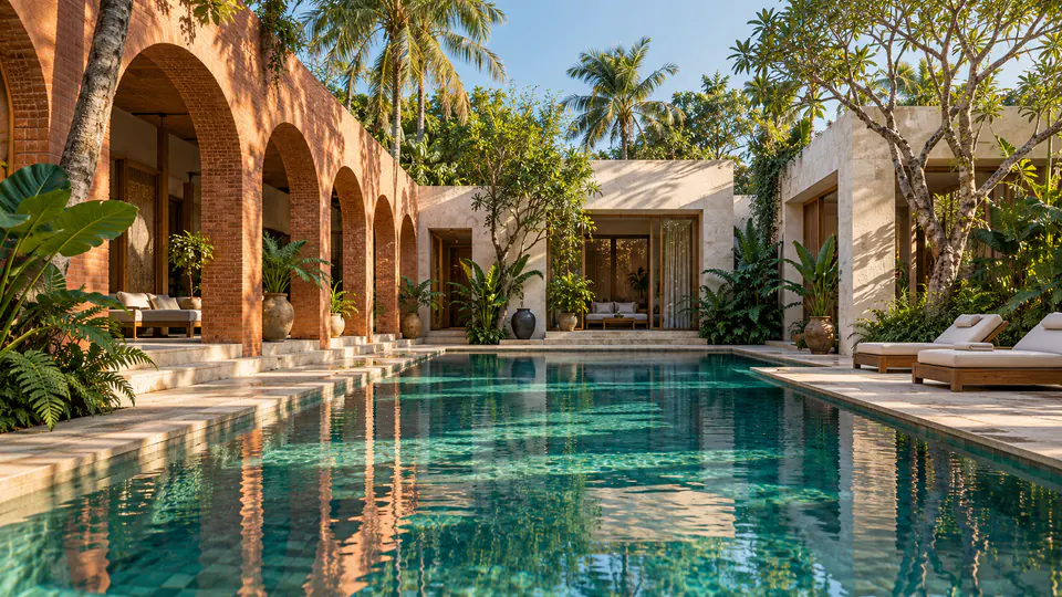 Retreat concept with a terracotta brick arcade, pale stone pavilions and an emerald-blue tiled pool among tropical palms