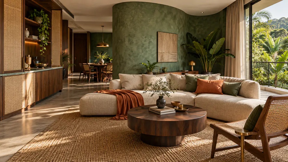 Living room concept with a curved green mineral wall, cane and walnut cabinetry, linen seating, apricot textiles, brass accents and tropical planting