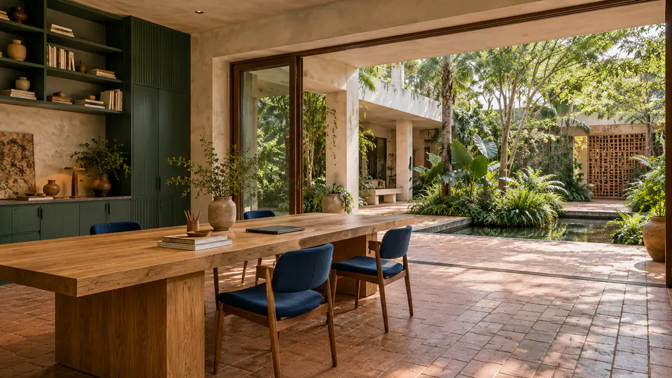 Workspace concept with a shared oak table, deep-green cabinetry, cobalt chairs and clay brick flooring opening to a tropical courtyard
