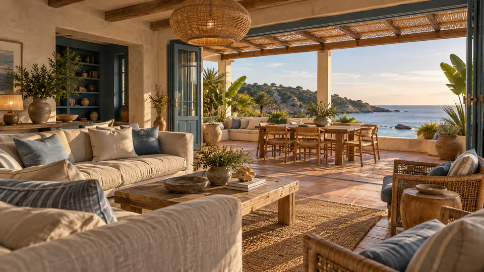 Coastal blue cabinetry, sand-coloured plaster and a sea-facing terrace at Tide House